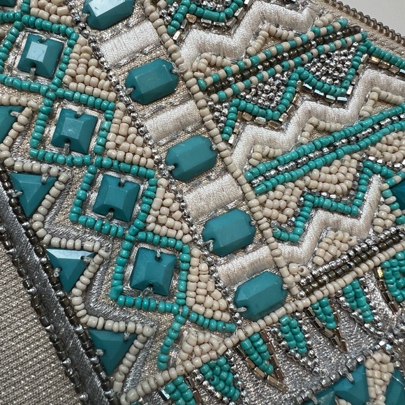 NWT Chico's Clutch Bag Beaded Embroidered Geometric Tassel Zipper Aqua Silver - Picture 11 of 11